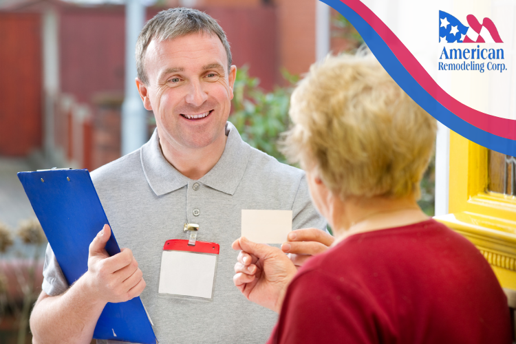 American Remodeling Corp expert discussing roofing options with a Severn homeowner to prevent holiday scams.