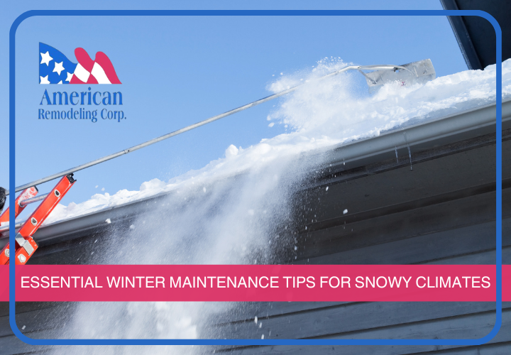 Snow-covered roof in Bowie receiving professional maintenance by American Remodeling Corp.