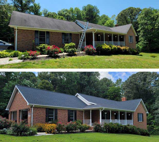 Before and after images of a roof replacement in Glen Burnie by American Remodeling Corp.